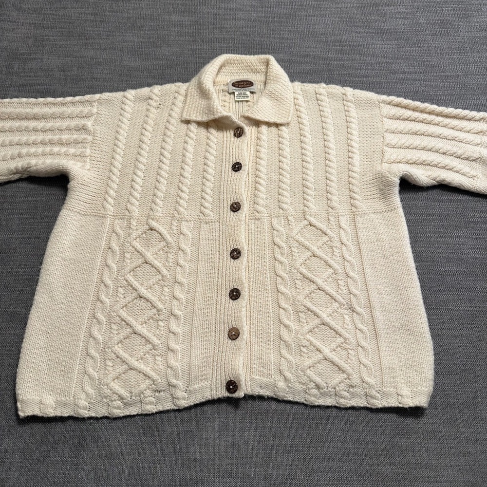 Sweaters of Ireland Cardigan Womens M Cream Merino Wool Cable Knit Ireland